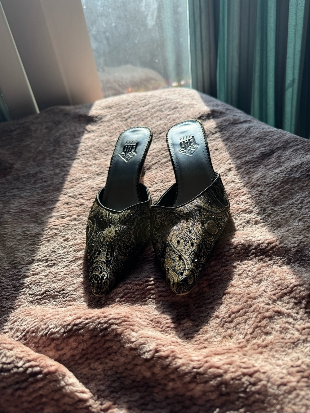 Free People Black and Gold Paisley Brocade Pointed Mules